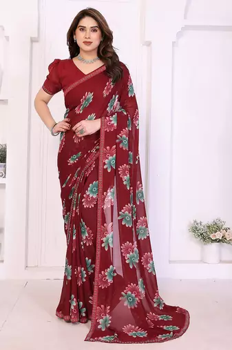 maroon floral georgette saree with lace border & blouse piece