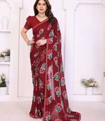 maroon floral georgette saree with lace border & blouse piece