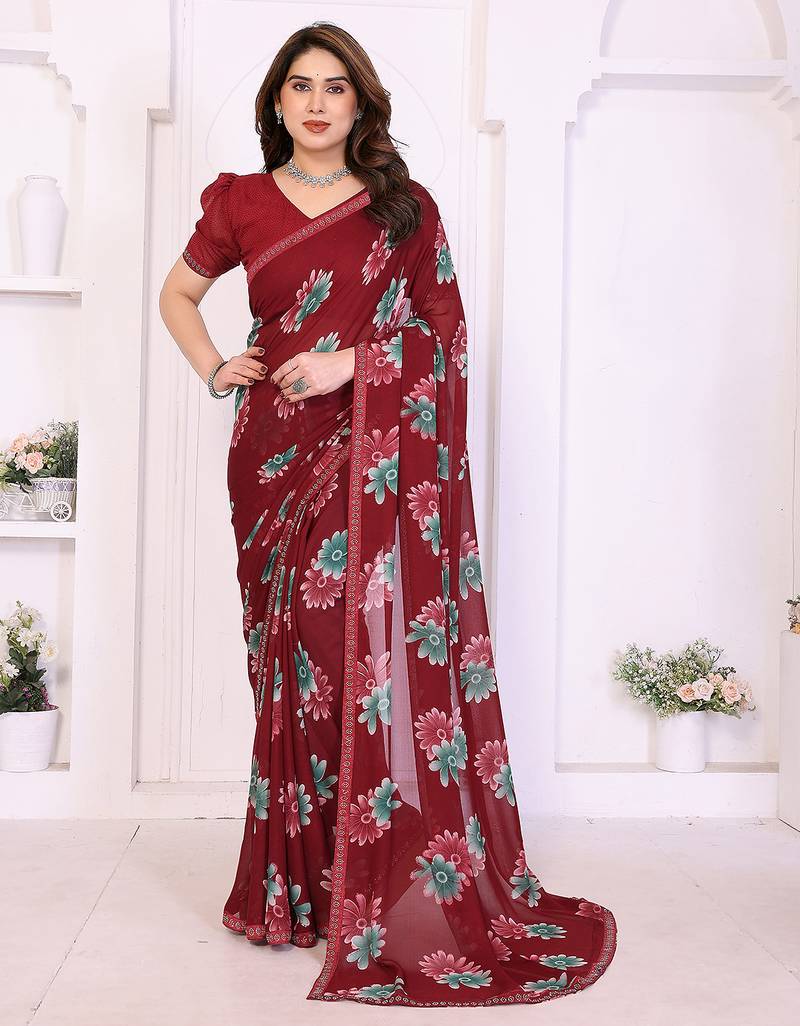 maroon floral georgette saree with lace border & blouse piece