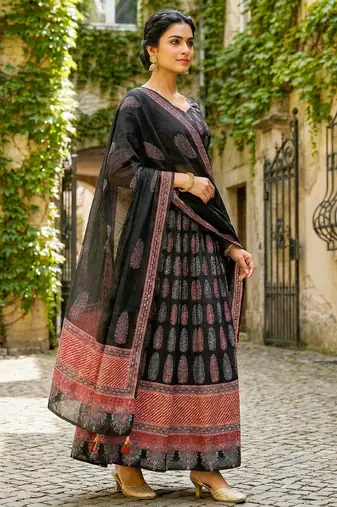 Navratri Ajarakh Print Rayon Semi Stitched Lehenga Choli & Unstitched Blouse With Dupatta