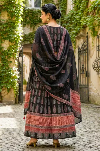 Navratri Ajarakh Print Rayon Semi Stitched Lehenga Choli & Unstitched Blouse With Dupatta