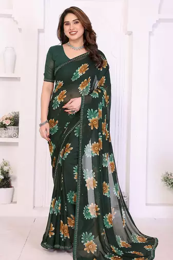 green floral georgette saree with lace border & blouse piece