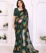 green floral georgette saree with lace border & blouse piece