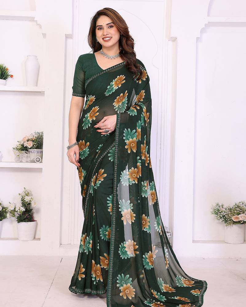 green floral georgette saree with lace border & blouse piece