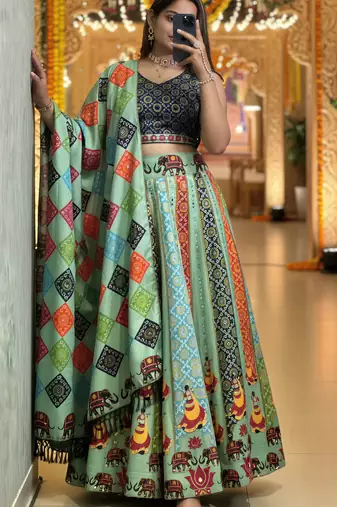 Navratri Ajarakh Print Rayon Semi Stitched Lehenga Choli & Unstitched Blouse With Dupatta