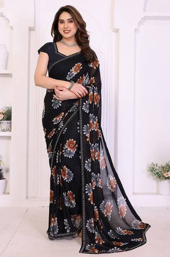 black floral georgette saree with lace border & blouse piece