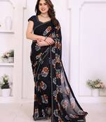 black floral georgette saree with lace border & blouse piece