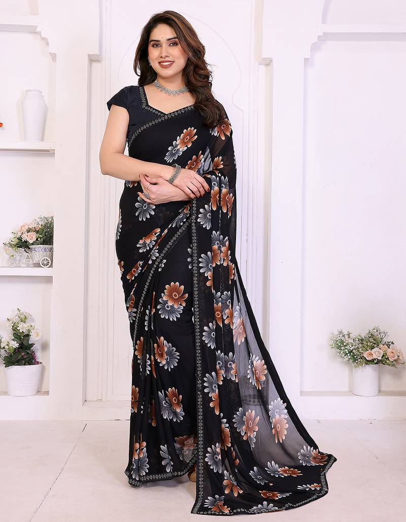 black floral georgette saree with lace border & blouse piece