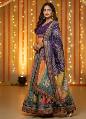 Navratri Ajarakh Print Rayon Semi Stitched Lehenga Choli & Unstitched Blouse With Dupatta 1