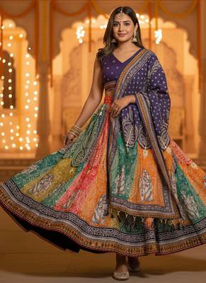 Navratri Ajarakh Print Rayon Semi Stitched Lehenga Choli & Unstitched Blouse With Dupatta 2