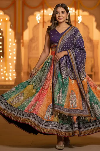 Navratri Ajarakh Print Rayon Semi Stitched Lehenga Choli & Unstitched Blouse With Dupatta