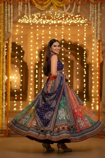 Navratri Ajarakh Print Rayon Semi Stitched Lehenga Choli & Unstitched Blouse With Dupatta