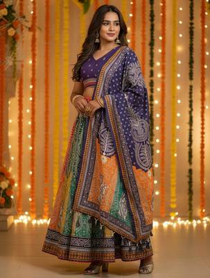 Navratri Ajarakh Print Rayon Semi Stitched Lehenga Choli & Unstitched Blouse With Dupatta 4