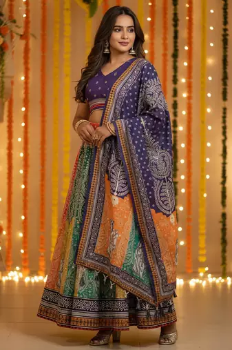 Navratri Ajarakh Print Rayon Semi Stitched Lehenga Choli & Unstitched Blouse With Dupatta