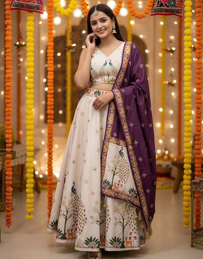 Navratri Ajarakh Print Rayon Semi Stitched Lehenga Choli & Unstitched Blouse With Dupatta