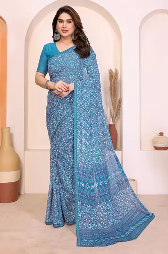 blue floral georgette saree with lace border & blouse piece