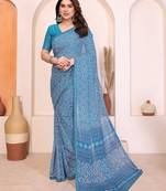 blue floral georgette saree with lace border & blouse piece