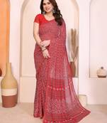 red floral georgette saree with lace border & blouse piece