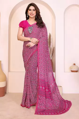 pink floral georgette saree with lace border & blouse piece