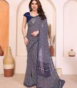 blue floral georgette saree with lace border & blouse piece