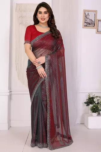 maroon embellished net saree with diamond lace border & blouse piece