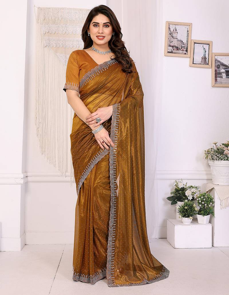 gold embellished net saree with diamond lace border & blouse piece