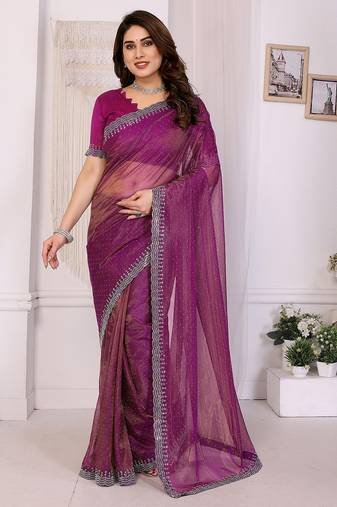   purple embellished net saree with diamond lace border & blouse piece
