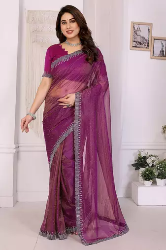   purple embellished net saree with diamond lace border & blouse piece