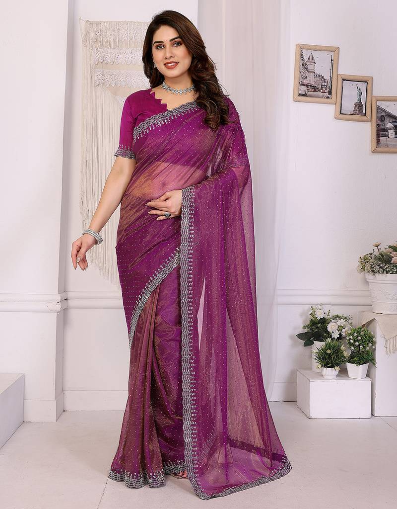  purple embellished net saree with diamond lace border & blouse piece