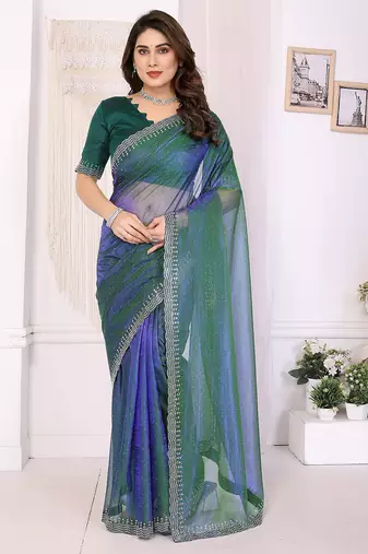 green embellished net saree with diamond lace border & blouse piece