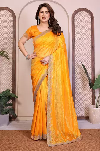  yellow embellished net saree with diamond lace border & blouse piece