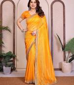  yellow embellished net saree with diamond lace border & blouse piece