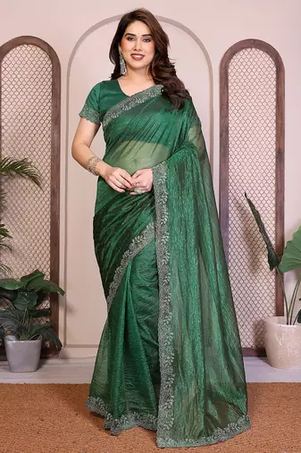 green embellished net saree with diamond lace border & blouse piece