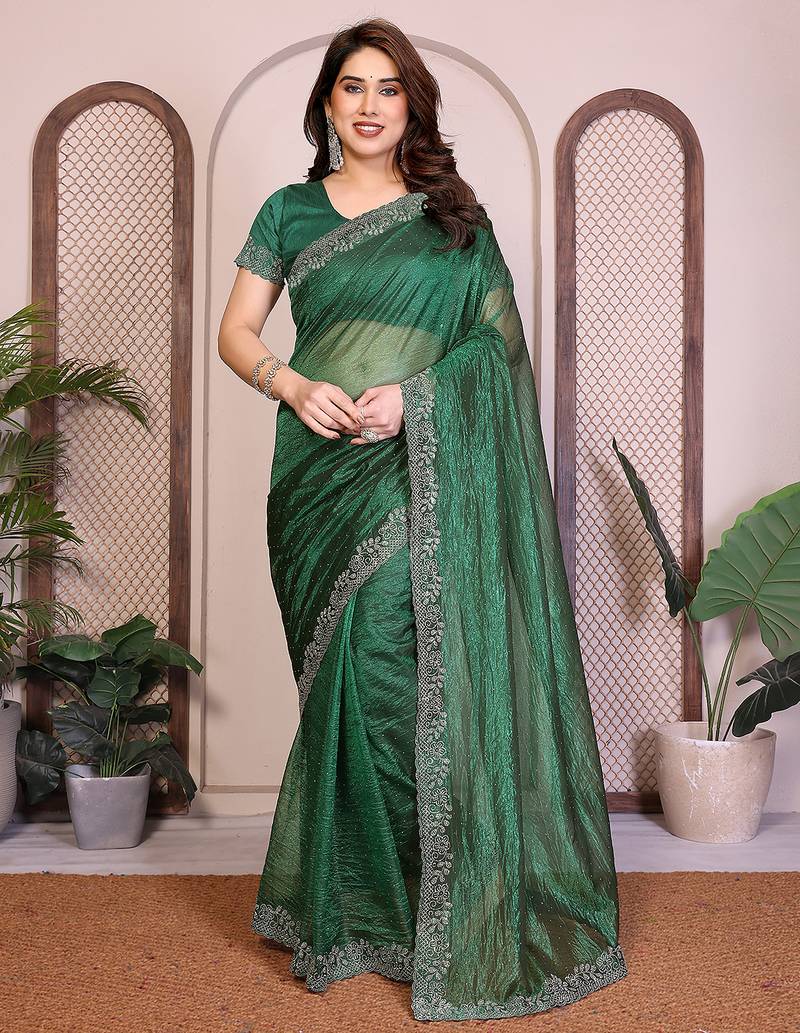green embellished net saree with diamond lace border & blouse piece