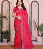 pink embellished net saree with diamond lace border & blouse piece