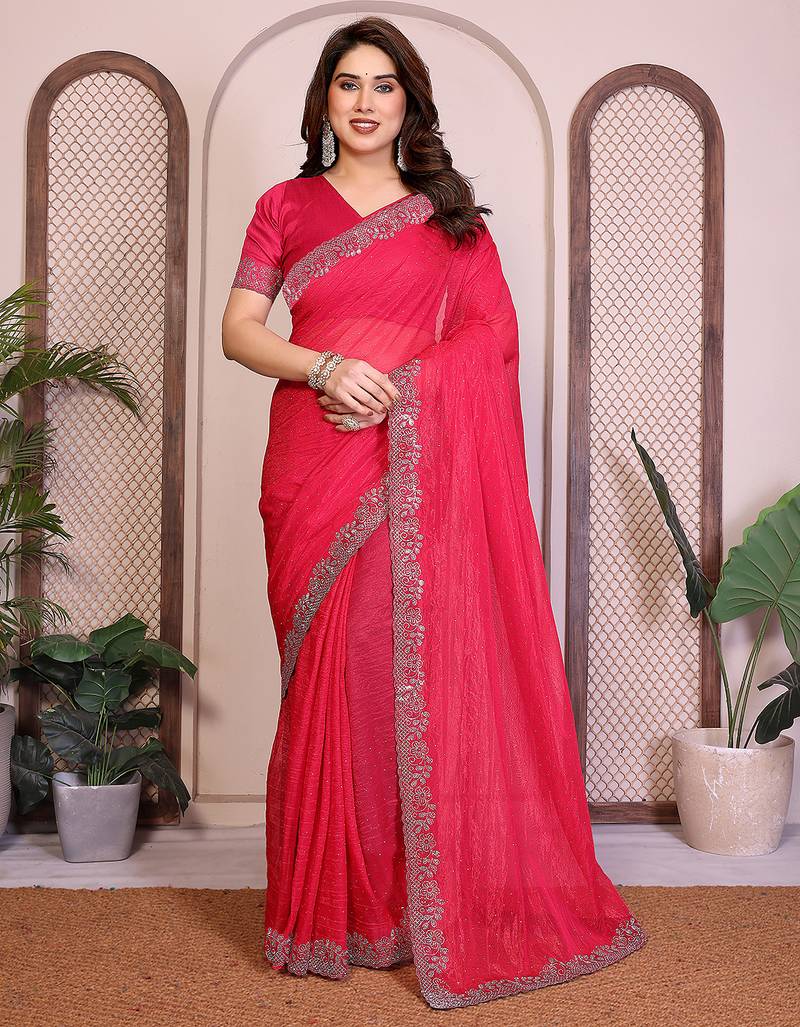 pink embellished net saree with diamond lace border & blouse piece