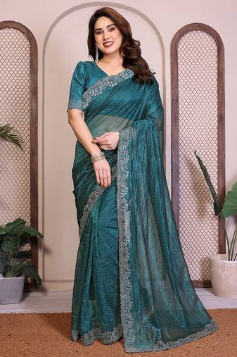 blue embellished net saree with diamond lace border & blouse piece