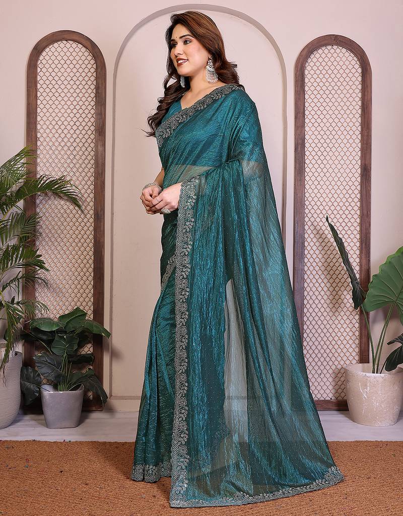 blue embellished net saree with diamond lace border & blouse piece