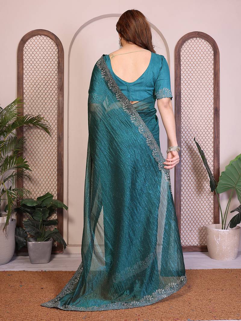 blue embellished net saree with diamond lace border & blouse piece