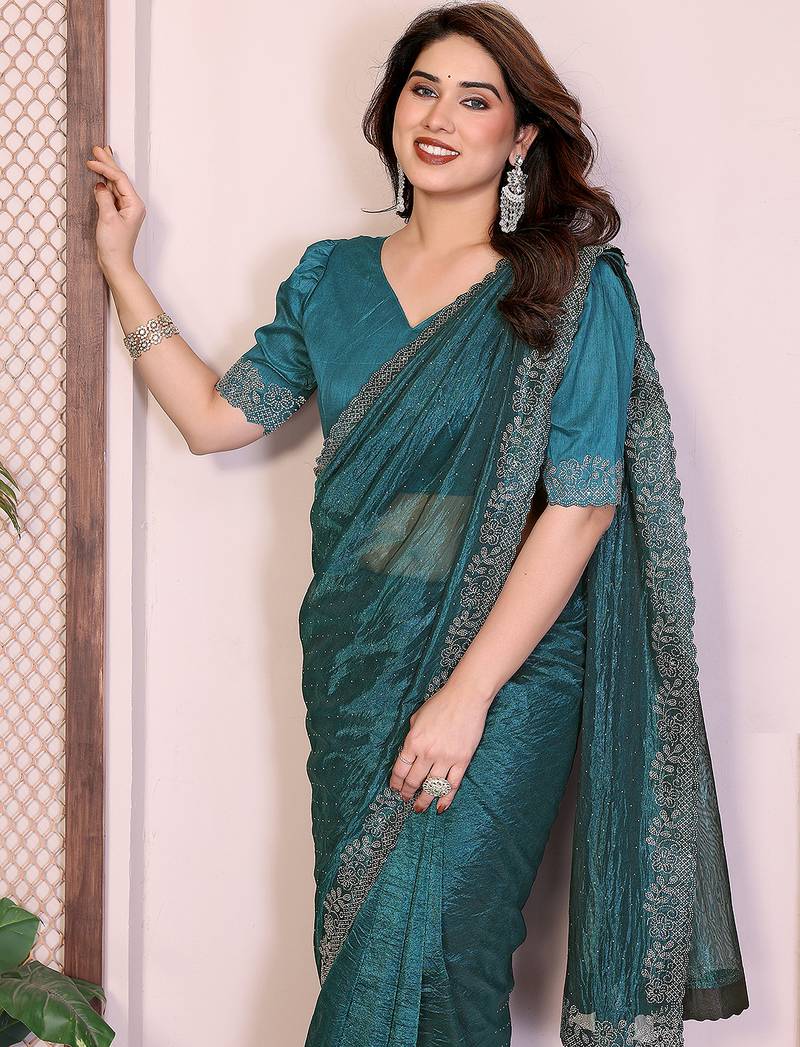 blue embellished net saree with diamond lace border & blouse piece