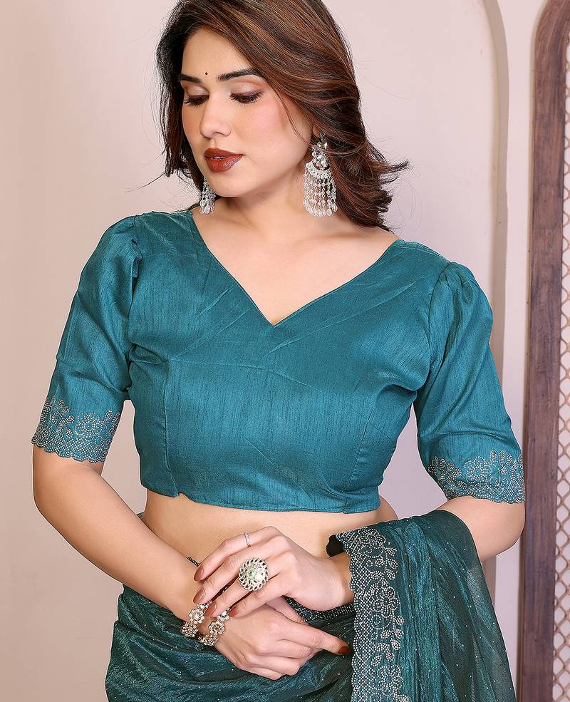 blue embellished net saree with diamond lace border & blouse piece