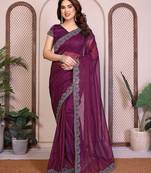 purple embellished net saree with diamond lace border & blouse piece