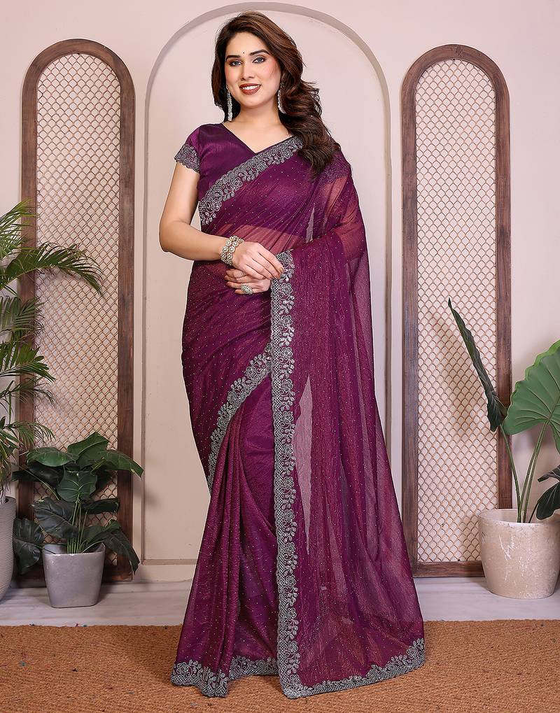 purple embellished net saree with diamond lace border & blouse piece