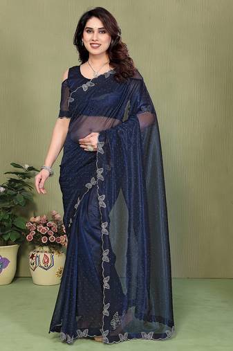 blue embellished net saree with butterfly diamond lace border & blouse piece