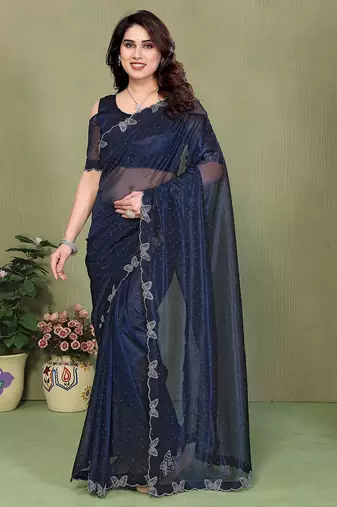 blue embellished net saree with butterfly diamond lace border & blouse piece