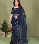 blue embellished net saree with butterfly diamond lace border & blouse piece