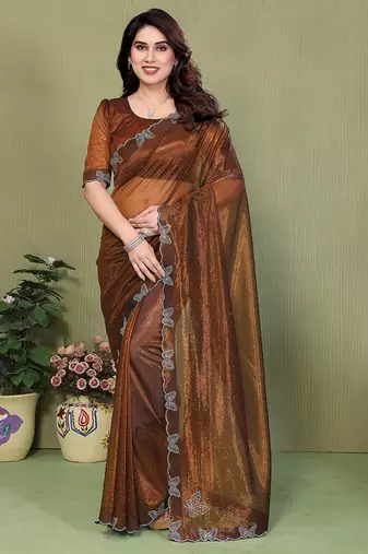 brown embellished net saree with butterfly diamond lace border & blouse piece