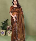 brown embellished net saree with butterfly diamond lace border & blouse piece
