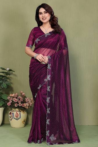   purple embellished net saree with butterfly diamond lace border & blouse piece