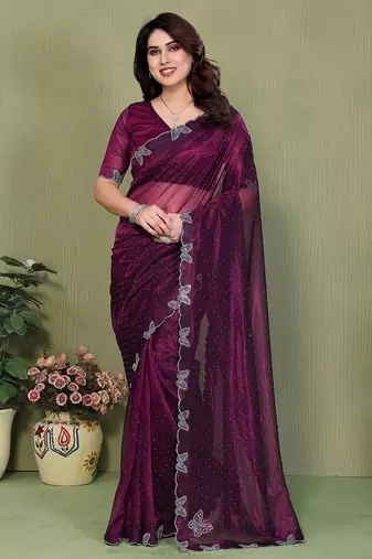  purple embellished net saree with butterfly diamond lace border & blouse piece